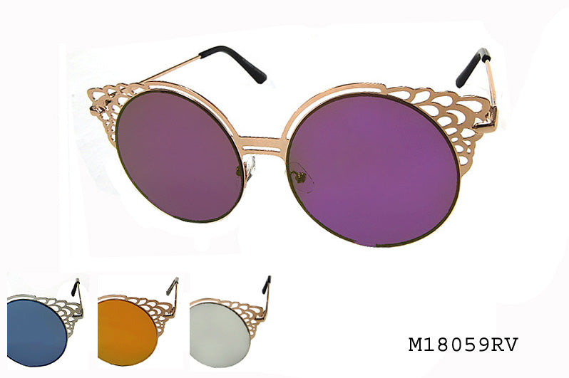 A stylish pair of cat-eye sunglasses featuring a sleek metal frame, designed for ladies' fashion. The lenses have a dark tint, and the overall design is modern and chic, making them a trendy accessory for various outfits.