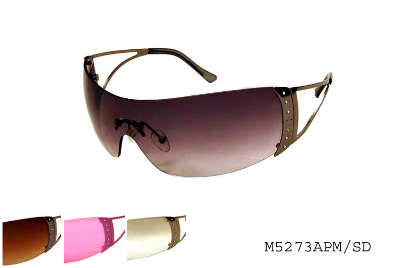 A pair of stylish shield sunglasses designed for women, featuring a sleek metal frame. The lenses are large and offer a modern, fashionable look, ideal for enhancing any outfit. The sunglasses are part of a collection that was restocked, and they are associated with a promotional discount for Black Friday.