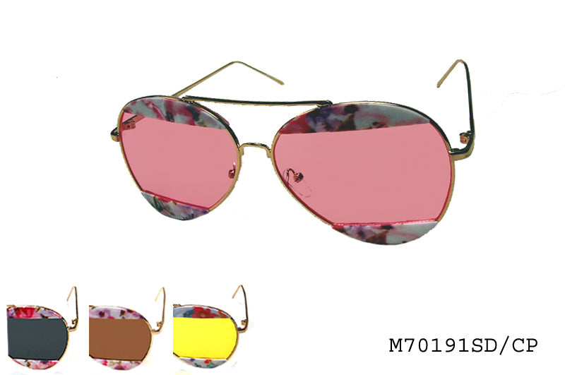 A pair of stylish aviator sunglasses with a sleek metal frame, featuring a gradient lens design. The sunglasses are designed for women and are part of a fashion collection. The model is identified as M70191SD/CP and is associated with a promotional event offering a discount. The design reflects contemporary trends from the year 2017.