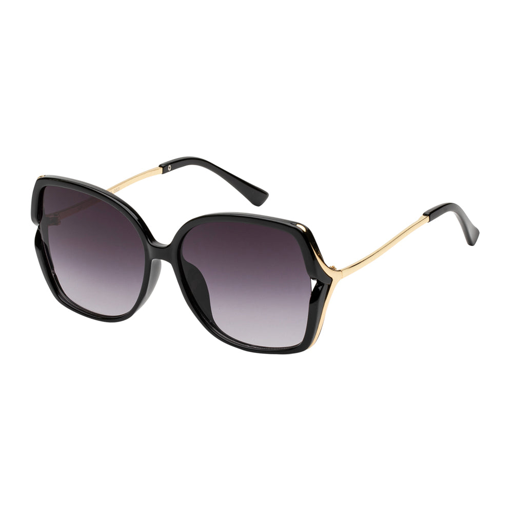 Wholesale fashion sunglasses with rectangular metal frame, black gradient lenses, and adjustable nose pads, side view.