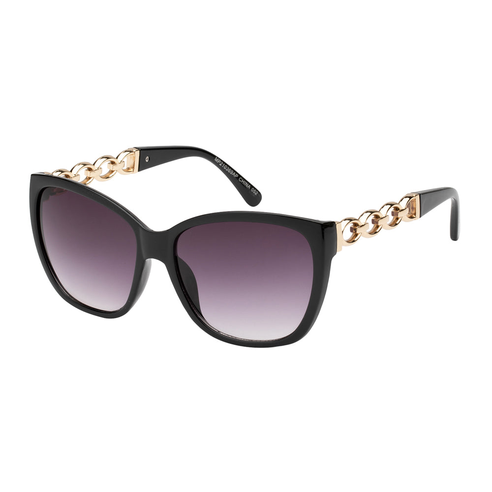 A pair of stylish cat-eye sunglasses with a sleek design, featuring dark lenses and a fashionable frame. The sunglasses are suitable for ladies and are part of a new arrivals collection, highlighting contemporary fashion trends. The image suggests a modern aesthetic, ideal for accessorizing outfits.