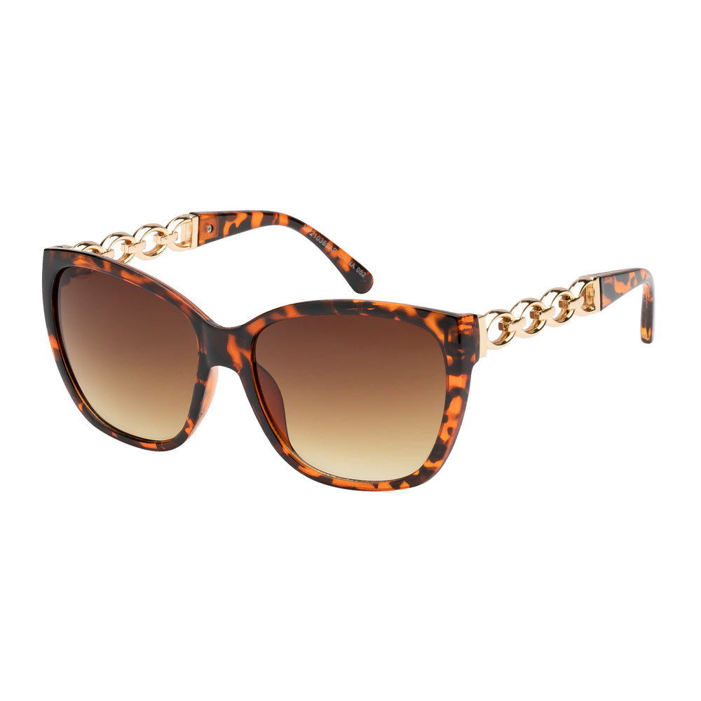 A stylish pair of cat-eye sunglasses featuring a sleek design, likely aimed at a fashion-forward audience. The frames may have a bold color or pattern, emphasizing a chic aesthetic. These sunglasses are part of a new collection targeted towards ladies' fashion, suitable for seasonal promotions and sales events.