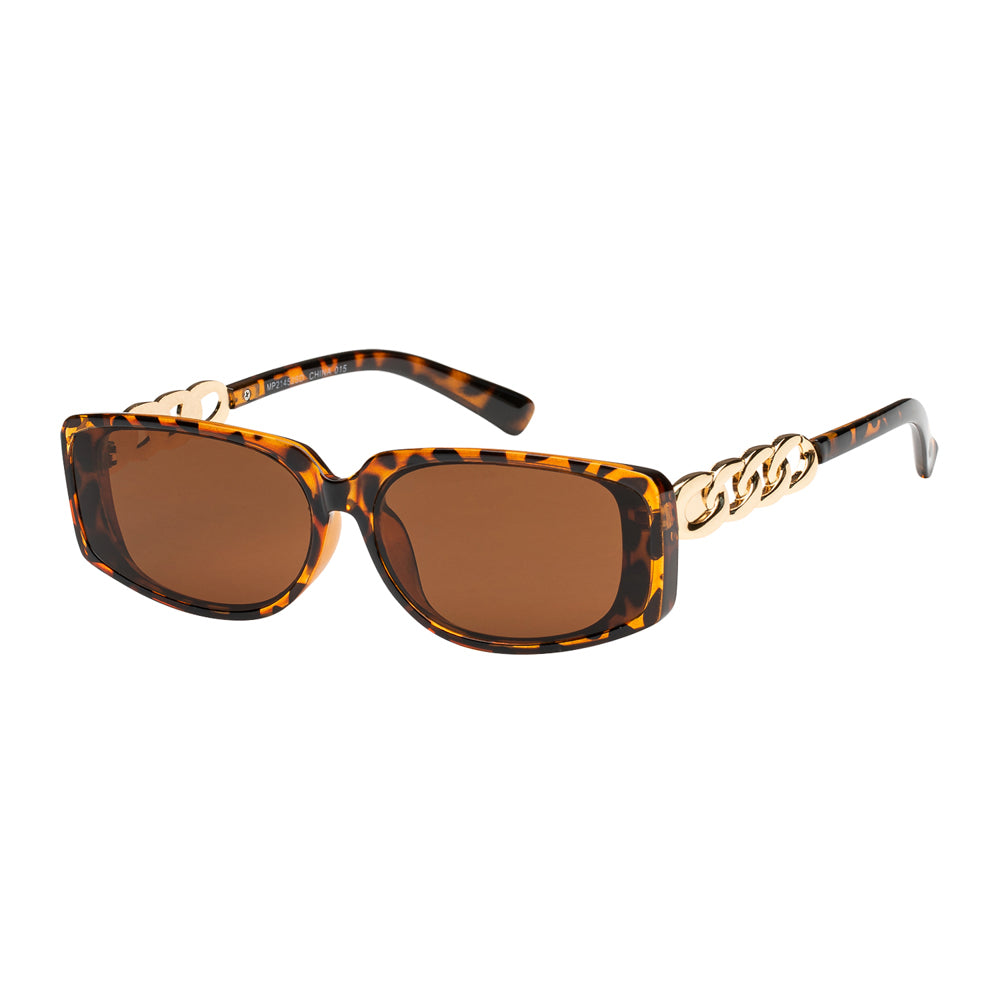 A pair of stylish square sunglasses designed for women, featuring a modern frame and dark lenses. The sunglasses are part of a fashion collection and have been restocked, highlighting their popularity.