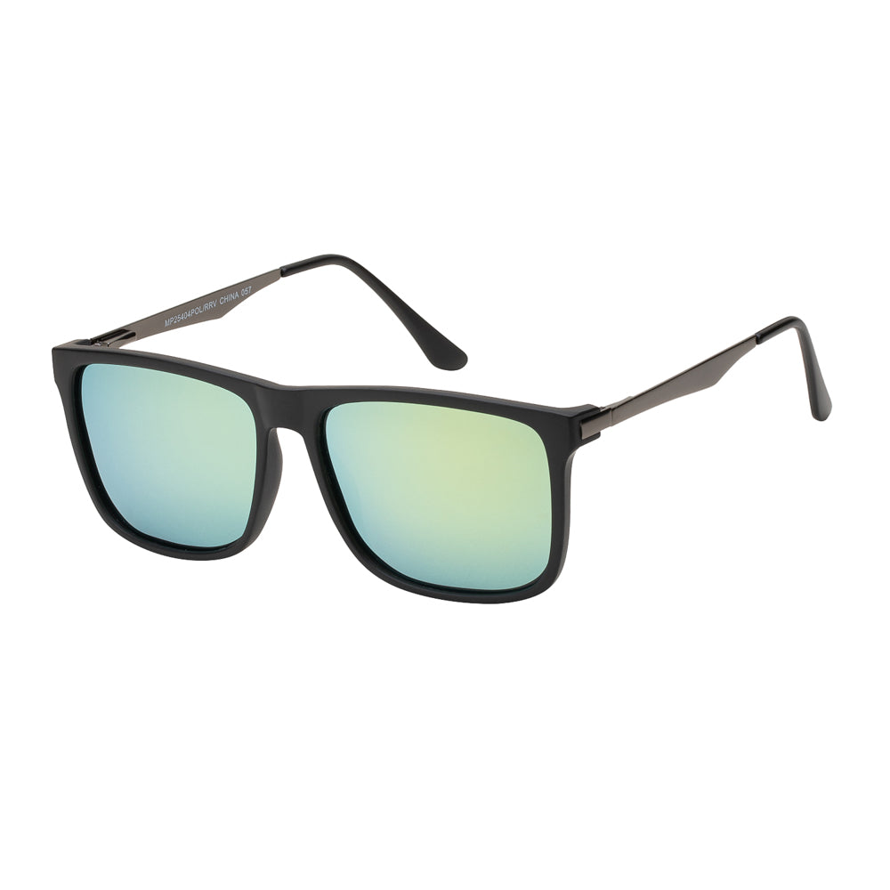 Polarized fashion sunglasses with a rectangle shape and black acetate frame, featuring dark tinted lenses and sleek temples.