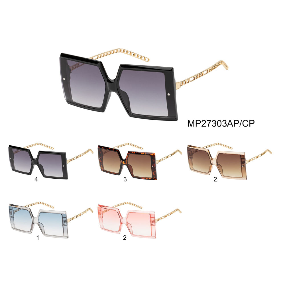 
                  
                    A pair of stylish sunglasses from APTCINC, model MP27303AP/CP, featuring a contemporary design suitable for ladies' fashion. The frame is sleek, and the lenses are dark, providing a chic look. The sunglasses are positioned against a neutral background, emphasizing their fashionable appeal.
                  
                