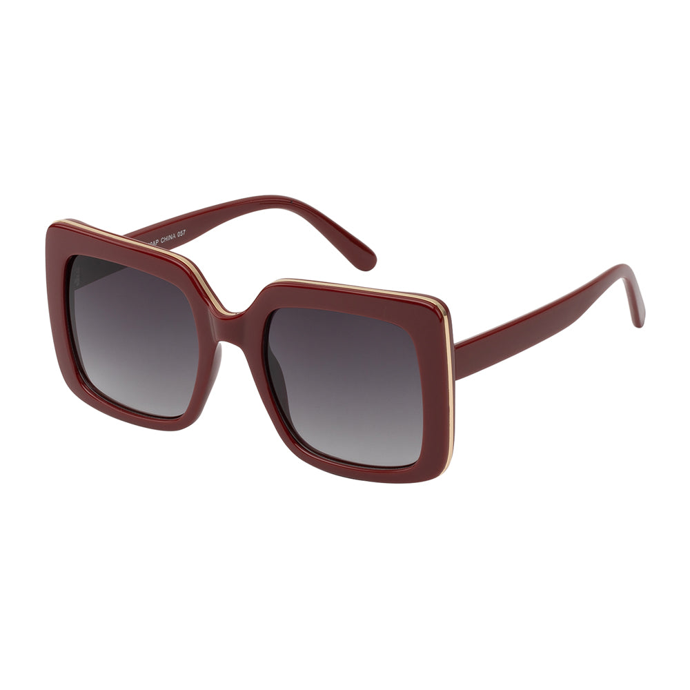 Wholesale fashion sunglasses with a rectangular metal frame in black, featuring polarized lenses and adjustable nose pads.