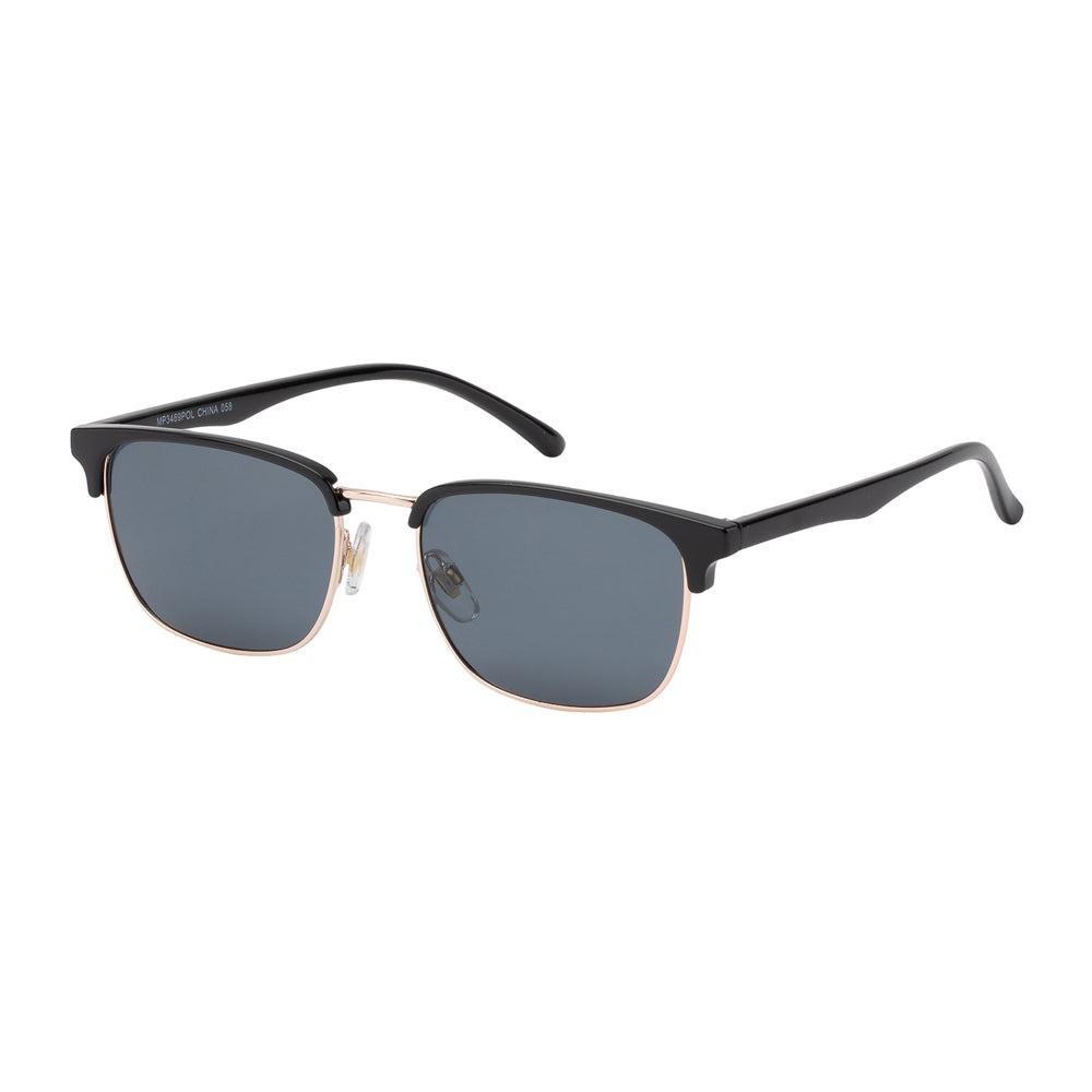 A pair of stylish polarized sunglasses with a browline frame design, suitable for both men and women. The sunglasses feature dark lenses and a sleek, modern appearance, ideal for casual and outdoor wear.