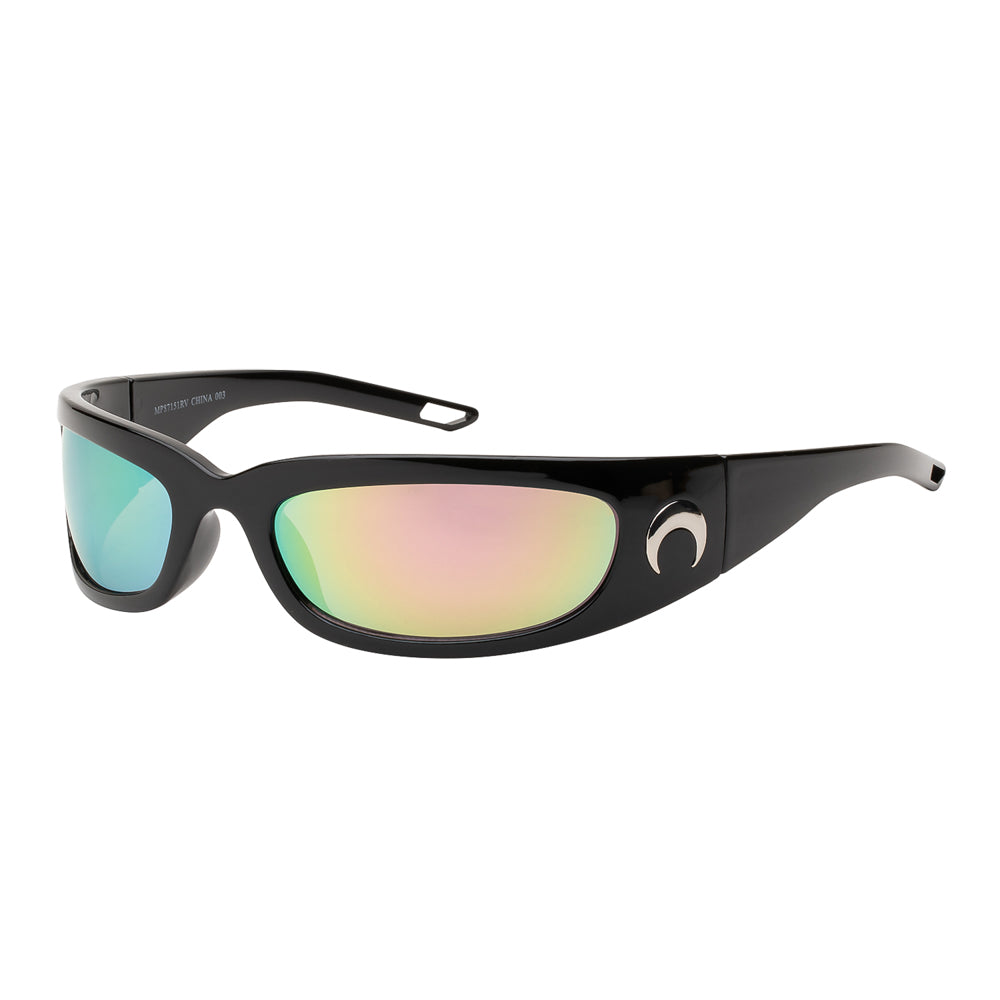 A pair of stylish sunglasses featuring a mixed-metal and plastic design, characterized by a modern wrap shape. The frame is sleek and fashionable, suitable for both men and women, reflecting current trends in ladies' fashion. The sunglasses are part of a new collection, identifiable by their unique style and aesthetic appeal.