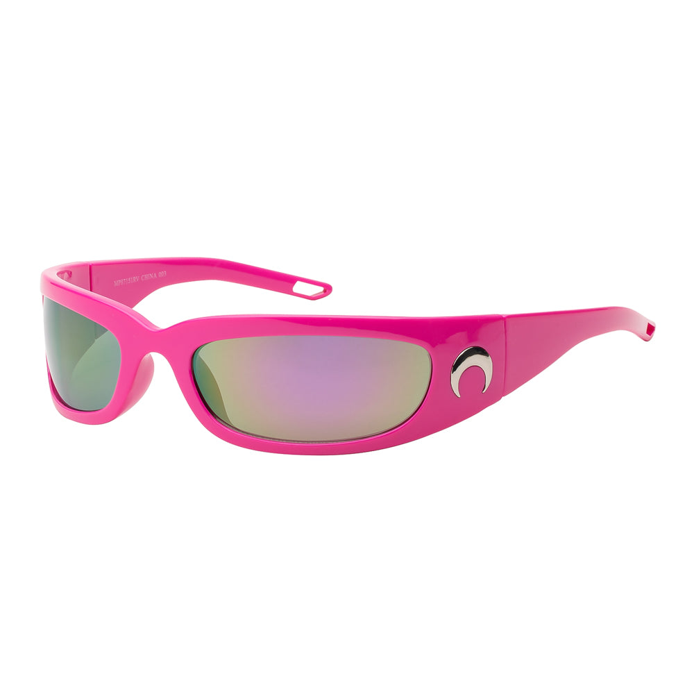 A stylish pair of sunglasses featuring a mixed-metal and plastic design. The frame is modern and sleek, suitable for both men and women. The lenses have a wrap-around style, offering a fashionable look ideal for outdoor activities.