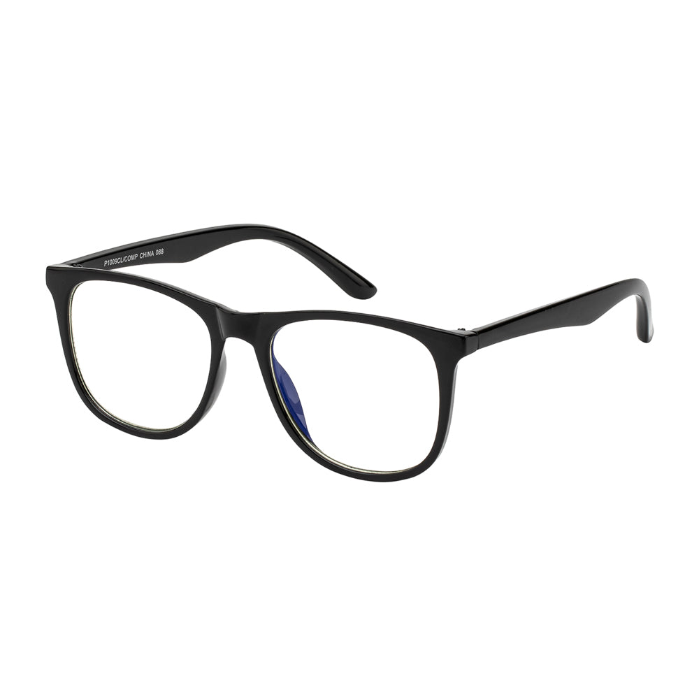 Wholesale computer glasses with a round acetate frame in clear color and blue light filtering lenses, front view.