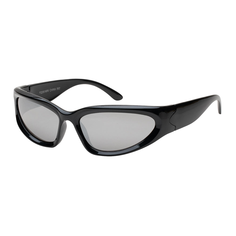 Front view of wholesale fashion sunglasses with round acetate frame, black color, and dark polarized lenses.
