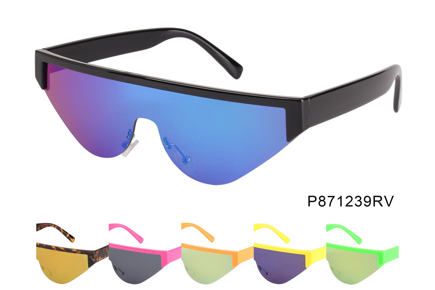 A pair of stylish shield sunglasses designed for women, featuring a plastic frame and a sleek modern aesthetic. The sunglasses are part of the 2019 collection and are currently restocked. They are tagged with various promotional labels, indicating a fashionable item suitable for the BFCM sales event.