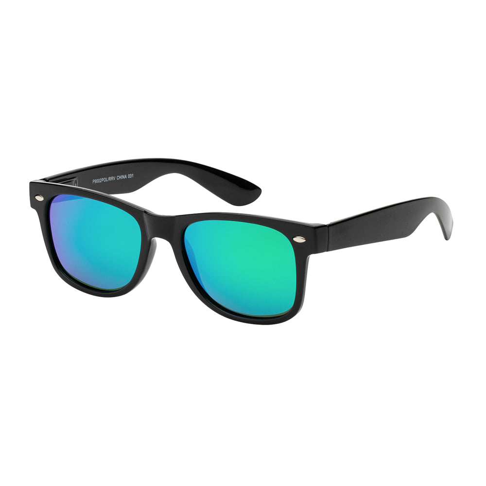 Wholesale polarized sunglasses with a rectangular frame in glossy black, featuring mirrored lenses and metal temples.