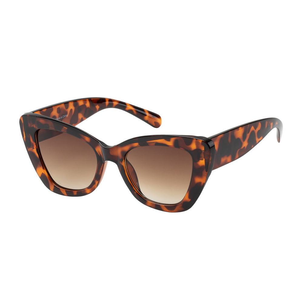 Women's wholesale fashion sunglasses with cat-eye acetate frames in tortoiseshell and gradient lenses, side view.