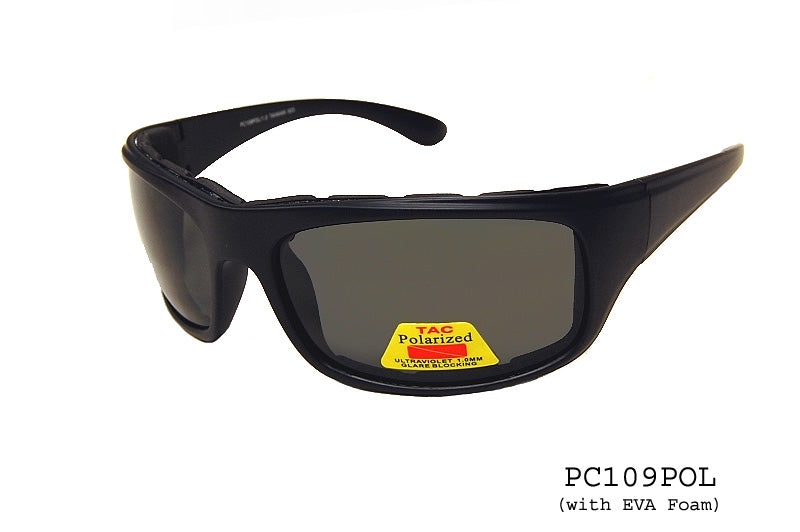 A pair of stylish motorcycle sunglasses featuring a wrap-around design. The lenses are polarized, providing enhanced clarity and glare reduction. The frame is sturdy and designed for comfort during rides. The product is from APTCINC and is labeled as PC109POL/1.0, indicating its model number.
