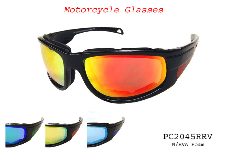 A pair of motorcycle sunglasses featuring a sleek, sporty design with a revo lens. The frames are likely sturdy and stylish, suitable for riding. The product is identified as PC2045RRV/MX by APTCINC and is tagged for a promotional event. The overall look suggests functionality and protection for motorcyclists.