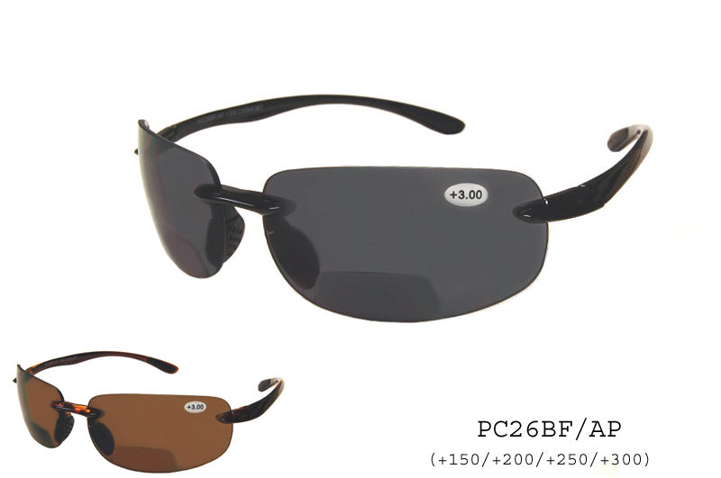 A pair of stylish tinted bifocal sunglasses designed for readers, featuring a sleek plastic frame. The lenses offer a tinted finish suitable for outdoor use, combining functionality with fashion. The design is modern and appeals to individuals seeking both sun protection and vision correction. The product is marketed as a best-seller and has been restocked for 2024.