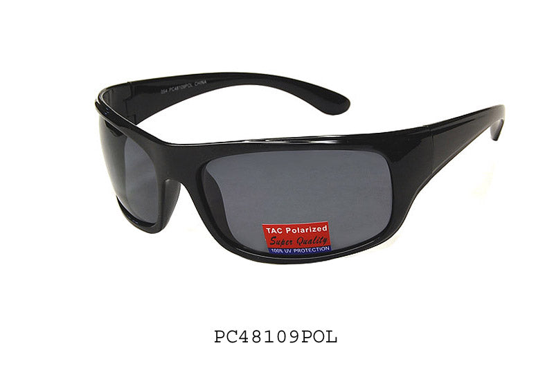 Front view of polarized sunglasses with a sleek black frame and dark lenses, part of Asia Pacific Glasses' new arrivals collection.