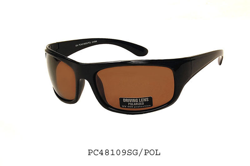A pair of men's polarized sunglasses from APTCINC, model PC48109SG/POL. The design features a wrap style frame suitable for outdoor activities. The lenses are tinted for glare reduction, and the overall look is sleek and modern, ideal for casual or sporty wear.