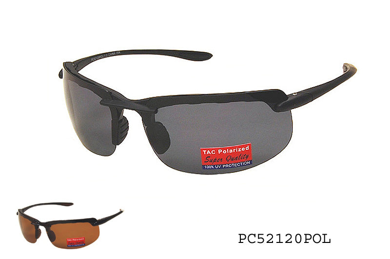 A pair of polarized sunglasses from APTCINC, model PC52120POL/1.0. The sunglasses feature a wraparound design, suitable for men, and are part of the Sunglass Collection. The frame appears sturdy and stylish, ideal for outdoor activities.