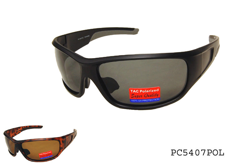 Men's polarized sunglasses model PC5407POL by APTCINC, featuring a wrap design. The sunglasses are likely designed for outdoor use, offering UV protection and a stylish look. The frame appears sturdy and fashionable, suitable for various activities.