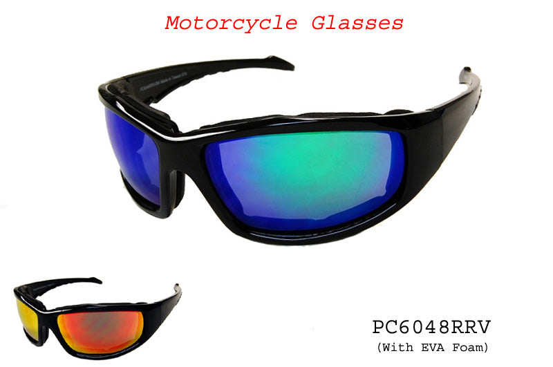 A pair of stylish motorcycle sunglasses featuring a sleek black frame and revo lenses, designed for optimal visibility and protection while riding. The design is modern and sporty, suitable for motorcycle enthusiasts.