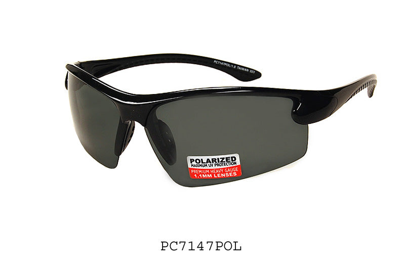A pair of men's polarized sunglasses featuring a wrap-around design, labeled as PC7147POL/1.0 by APTCINC. The sunglasses are part of the Sunglass Collection and are tagged for a promotional event.