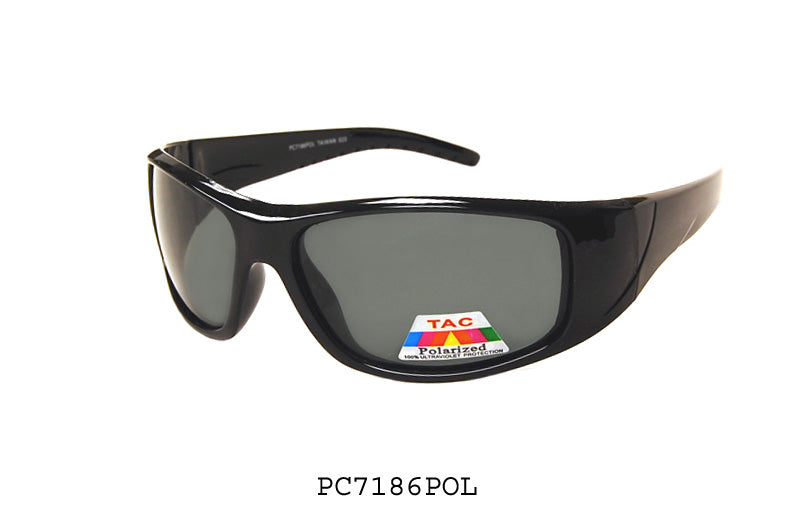 Stylish polarized sunglasses with a wrap-around design, featuring a sleek frame and tinted lenses, suitable for men. The product is part of a collection that has been restocked, highlighting its contemporary appeal.