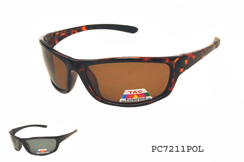 A pair of stylish polarized sunglasses from APTCINC, model PC7211POL. The sunglasses feature a wraparound design, suitable for men, and are part of the brand's collection. The frame appears sleek and modern, making them ideal for outdoor activities.
