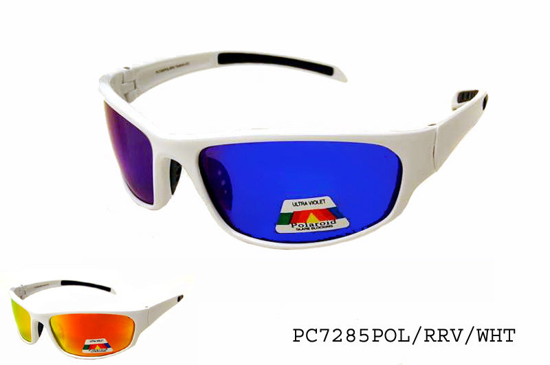A pair of stylish polarized sunglasses with a wrap-around design, featuring a white frame and dark lenses. The sunglasses are part of the 2021 collection by APTCINC and are tagged for a promotional offer.