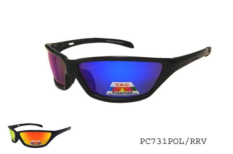 A pair of stylish polarized sunglasses with a wraparound design, featuring a sleek frame suitable for men's fashion. The lenses are dark, providing UV protection, and the overall look is sporty and modern, ideal for outdoor activities.