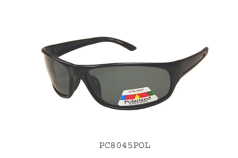 The image features a pair of stylish polarized sunglasses from APTCINC's collection, model PC8045POL. The design includes a wrap-around frame, ideal for outdoor activities. The sunglasses are marketed towards men and emphasize their polarized lenses, which enhance visual clarity and reduce glare. The overall look is modern and sporty, suitable for various occasions.