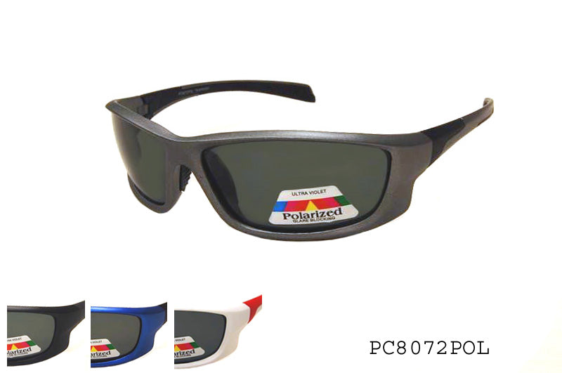 A pair of men's polarized sunglasses featuring a wrap-around design. The frames are sleek and modern, suitable for outdoor activities. The lenses are tinted to reduce glare, enhancing visibility in bright conditions. The product is part of a sunglass collection from APTCINC, tagged for a promotional event.