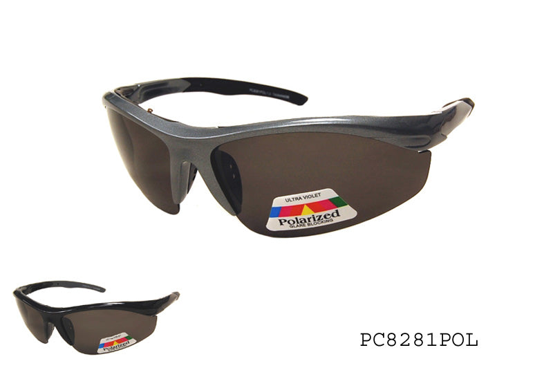 A pair of stylish polarized sunglasses from APTCINC, model PC8281POL. The design features a wraparound frame suitable for men's fashion, emphasizing both functionality and modern style. The sunglasses are part of a collection released in 2019, highlighting their sporty aesthetic.