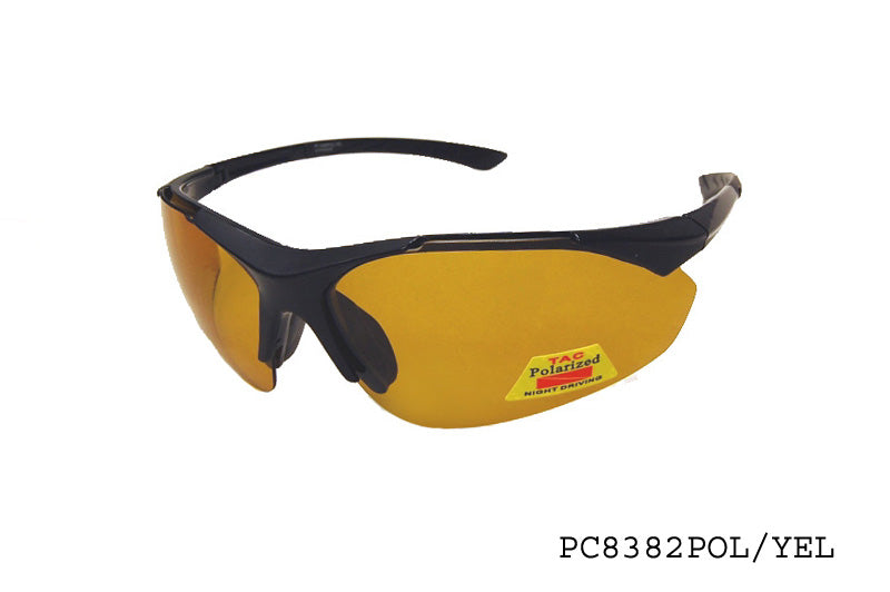 Sleek wraparound sunglasses featuring a yellow and black frame, designed for men's polarized eyewear. The lenses are tinted for UV protection, making them ideal for outdoor activities. The design is modern and sporty, suitable for various casual settings.