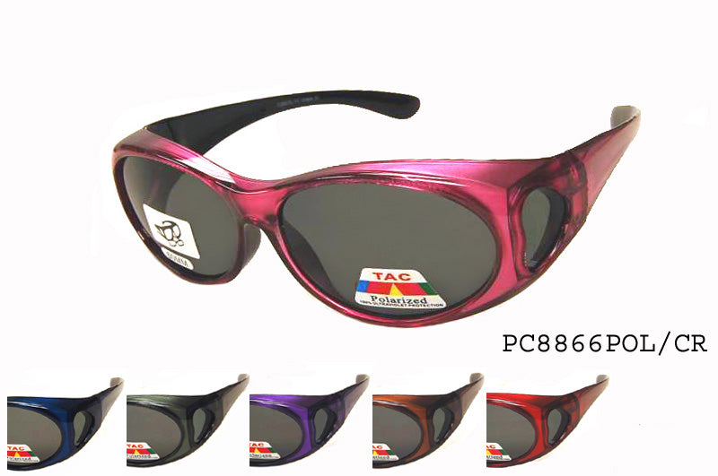 A pair of FITOVER sunglasses model PC8866POL/CR-A by APTCINC, featuring an oval frame design. The sunglasses are polarized and are marketed for men, emphasizing comfort and style for wearing over regular eyewear. The design includes a sleek finish, suitable for outdoor activities, and is part of a promotional campaign with tags indicating discounts for Black Friday and July 4th sales.