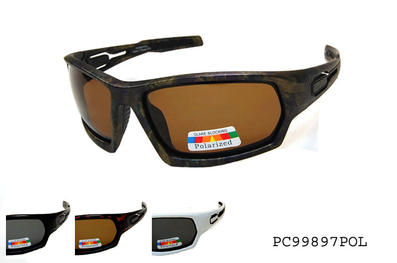 A pair of stylish polarized sunglasses designed for men, featuring a wrap-around style. The frame is sleek and modern, suitable for outdoor activities. The lenses are tinted for sun protection, enhancing visibility and reducing glare. The product is part of a collection and may be associated with a seasonal sale promotion.