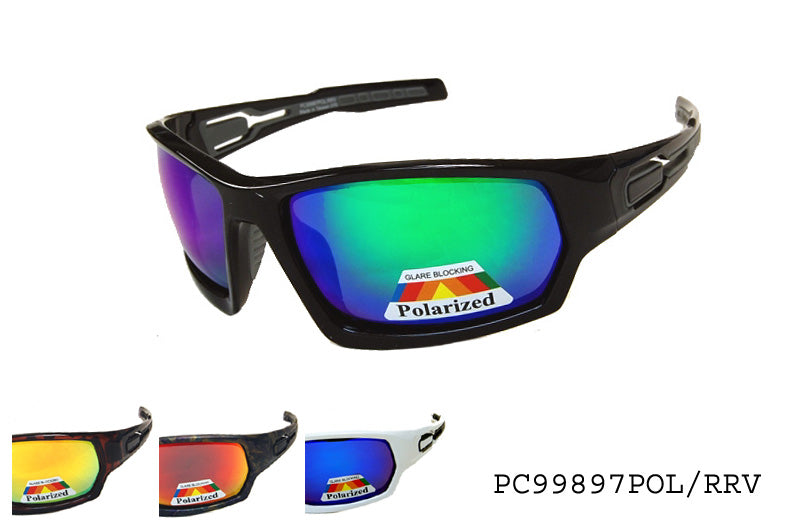 A pair of men's polarized sunglasses featuring a wraparound design. The frame is sleek and modern, ideal for outdoor activities. The lenses are tinted to reduce glare, enhancing visibility in bright conditions.