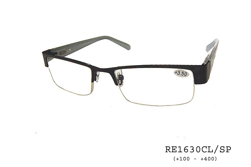 A pair of stylish, clear-frame reader sunglasses with metal accents, designed for reading. The lenses are tinted, offering a protective and fashionable look. The design is modern and suitable for casual or outdoor wear.