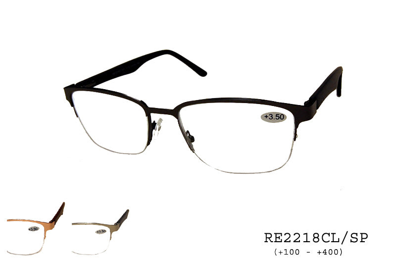 A pair of stylish clear reader sunglasses featuring a metal frame. The lenses are designed for reading, and the overall design is modern and sleek. The product is a model from APTCINC, identified as RE2218CL/SP.