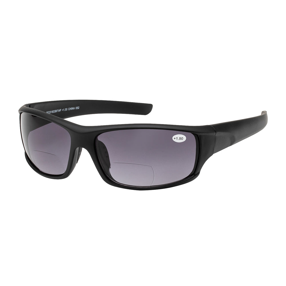 
                  
                    Black tinted bifocal reader sunglasses with a wrap-around design, made from plastic. The product is designed for men and labeled RE231833BF/AP by APTCINC.
                  
                