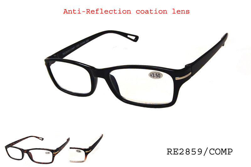 Sunglasses designed for computer use, featuring a sleek plastic frame. The lenses are optimized for reading, suitable for extended screen time. The product is labeled as RE2859/COMP by APTCINC and is tagged with promotional details.