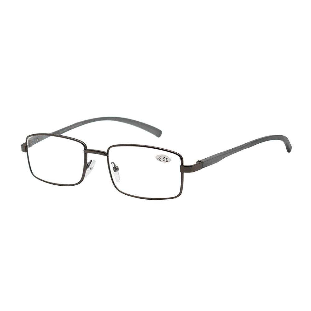 A pair of stylish clear reader sunglasses featuring a metal frame. The lenses are transparent with a subtle tint, designed for reading outdoors. The design is modern and sleek, suitable for casual wear.