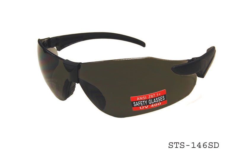 A pair of sleek safety sunglasses designed for protection and style, featuring a sturdy frame and tinted lenses. The design emphasizes safety and durability, suitable for various work environments. The product is branded as STS-146SD by APTCINC, and it includes tags indicating a promotional offer and its specialty use.