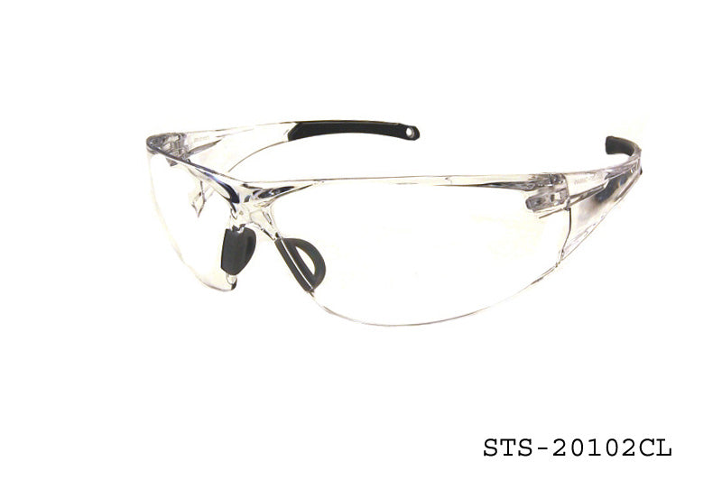 A pair of clear safety sunglasses with a sleek design, featuring a lightweight frame and protective lenses. The glasses are labeled with the model number STS-20102CL, indicating they are suitable for safety use. The design is modern and functional, aimed at providing eye protection in various environments.