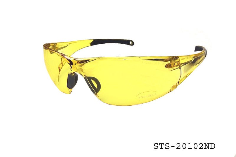 A pair of stylish safety sunglasses featuring a sleek design, tinted lenses, and a sturdy frame. The glasses are designed for protection while maintaining a fashionable appearance, suitable for various outdoor activities. They are labeled with the model number STS-20102ND and are part of a product catalog for safety gear.