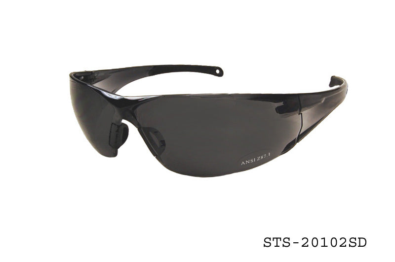 A pair of safety sunglasses featuring a sleek design, likely with dark lenses and a sturdy frame, labeled with the model number STS-20102SD by APTCINC. The sunglasses are intended for protective use, suitable for various safety applications.
