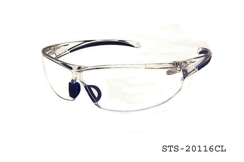 A pair of clear safety sunglasses designed for protection, featuring a sleek frame and sturdy lenses. The glasses are branded with APTCINC and model STS-20116CL.