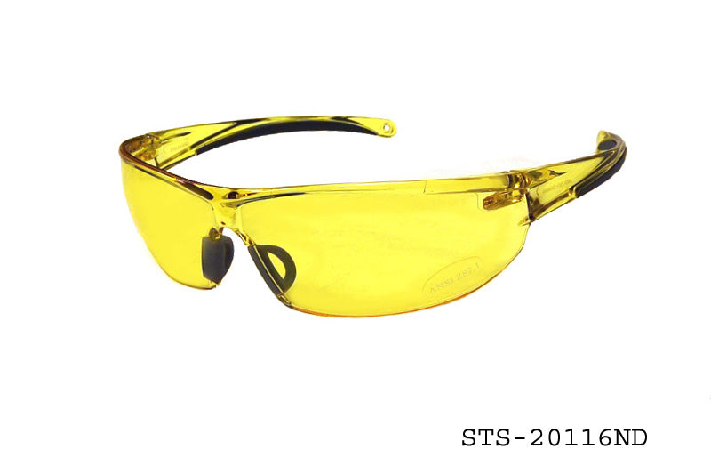 A pair of stylish safety sunglasses with a sleek design, featuring tinted lenses and a sturdy frame, suitable for protective eyewear. The product is labeled as APTCINC STS-20116ND, highlighting its specialty use for safety.
