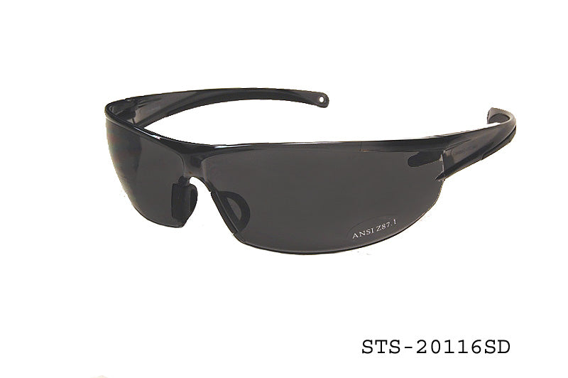 Safety sunglasses with a sleek design, featuring a sturdy frame and tinted lenses. The product is labeled as STS-20116SD by APTCINC and is intended for safety use. It is part of a promotional campaign with tags indicating a discount for Black Friday and Cyber Monday in 2023, and it is categorized under specialty safety gear from the year 2015.